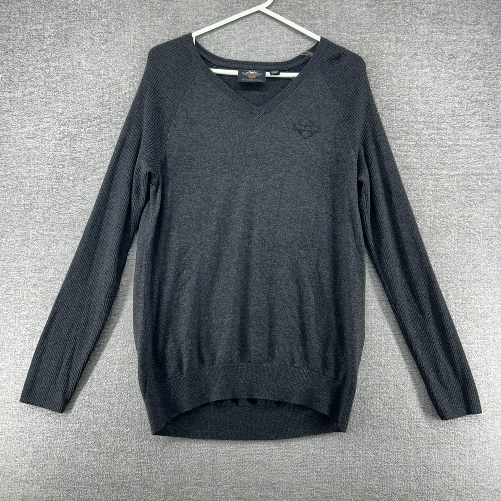 Harley Davidson Sweater Women Size Large Gray Wool Blend V Neck Casual